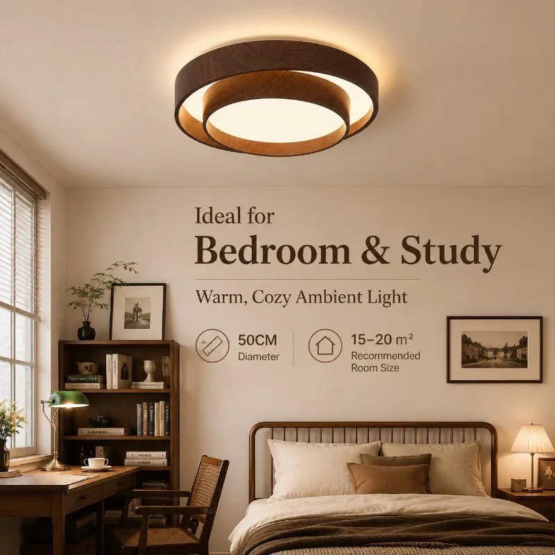 50cm Round LED Ceiling Light Wood Grain Dimmable Three Color Modern Flush Mount Lamp for Bedroom Study Room Ceiling Light