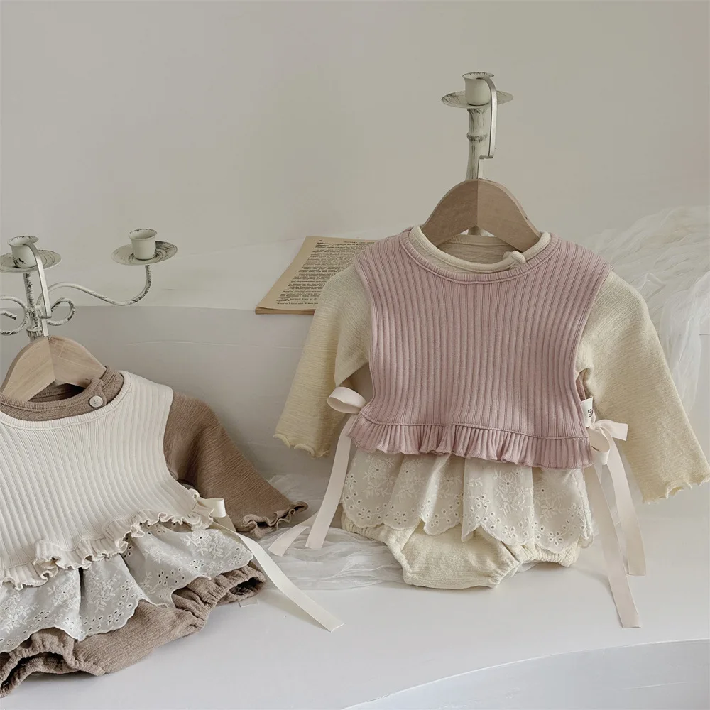 2024 Autumn New Baby Girl Long Sleeve Cotton Bodysuit Newborn Infant Girl Lace Jumpsuit Toddler Solid Vest Baby Outfits 0-24M