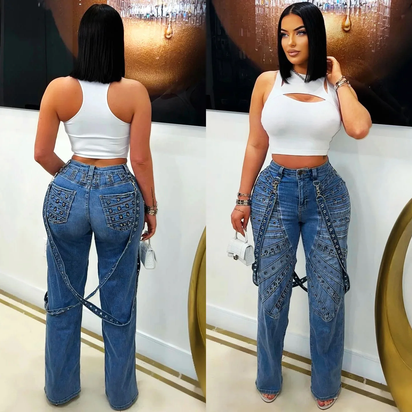 

Jeans Denim Pant Women Long Pants Slim Mom Jeans High Waist Sheath Straight Trousers Y2k Streetwear Elegant Splice Work Capris