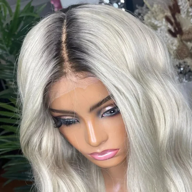White Platinum Lace Front Wig Long Synthetic Center Part Layered Heat Resistant Wig Dark Root Natural Soft Hairline Platinum Wig