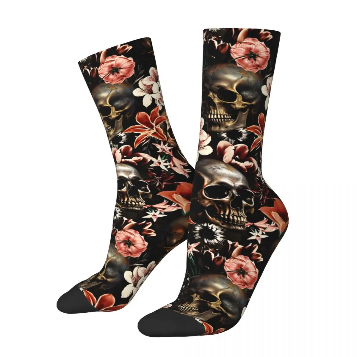 Retro Mysterious Midnight Baroque Skull And Flowers Men's compression Socks Unisex Harajuku Seamless Printed Novelty Crew Sock