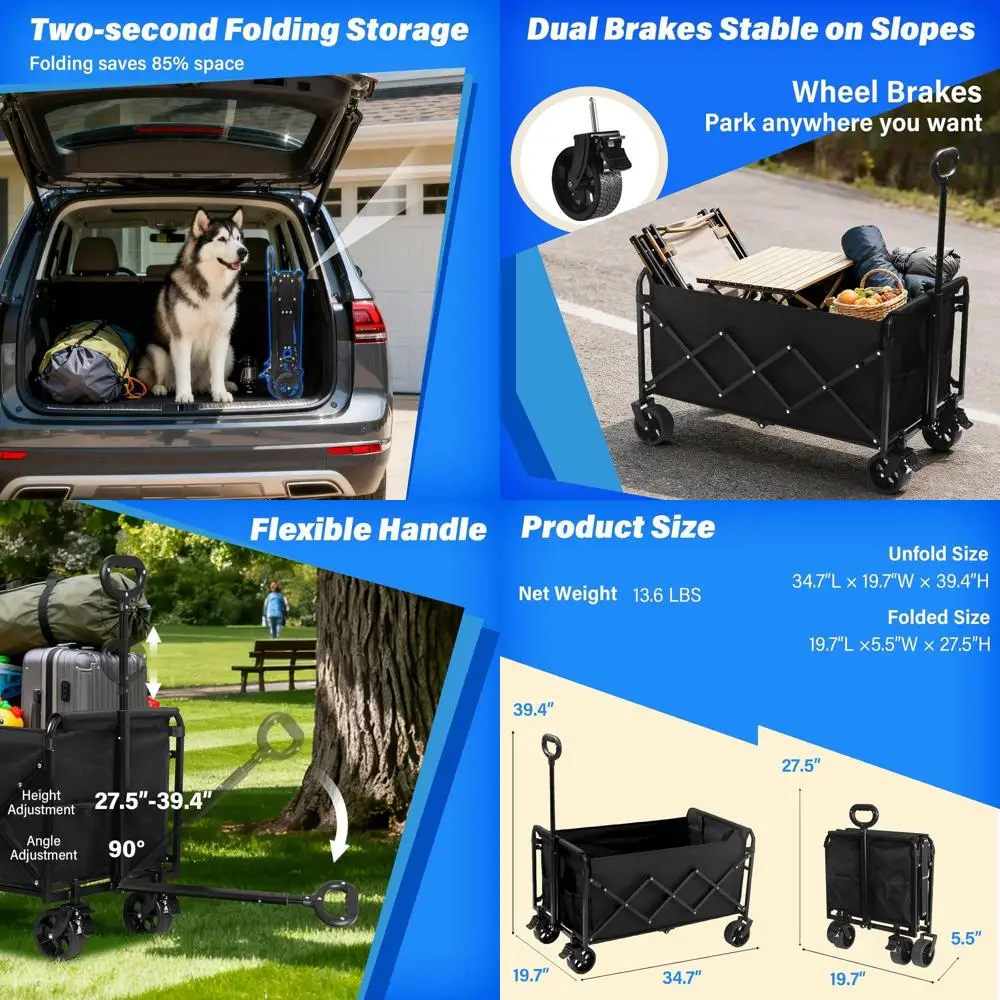Wagon utilitaire pliable d'une capacité de 500 lb, poignée réglable et porte-boissons pour le camping, le shopping, le sport et plus encore