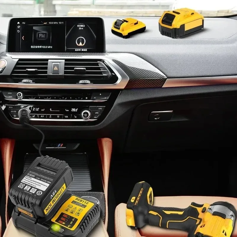 Portable DCB112 car charger for DeWalt 12V/20V Li-ion battery, with cigarette lighter plug LED indicator light for DCB200 DCB612