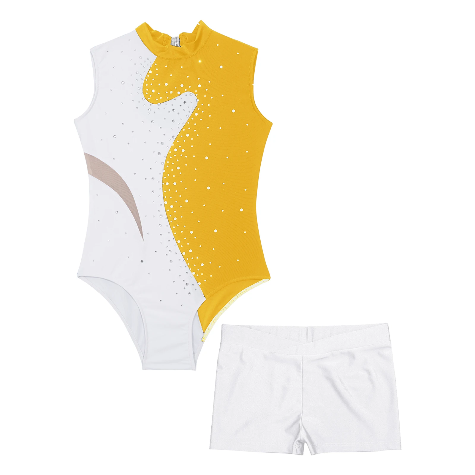 Kids Girls Gymnastics Artistic Figure Skating Ballet Classical Dance Leotard Sparkling Rhinestones Tight Bodysuit with Shorts