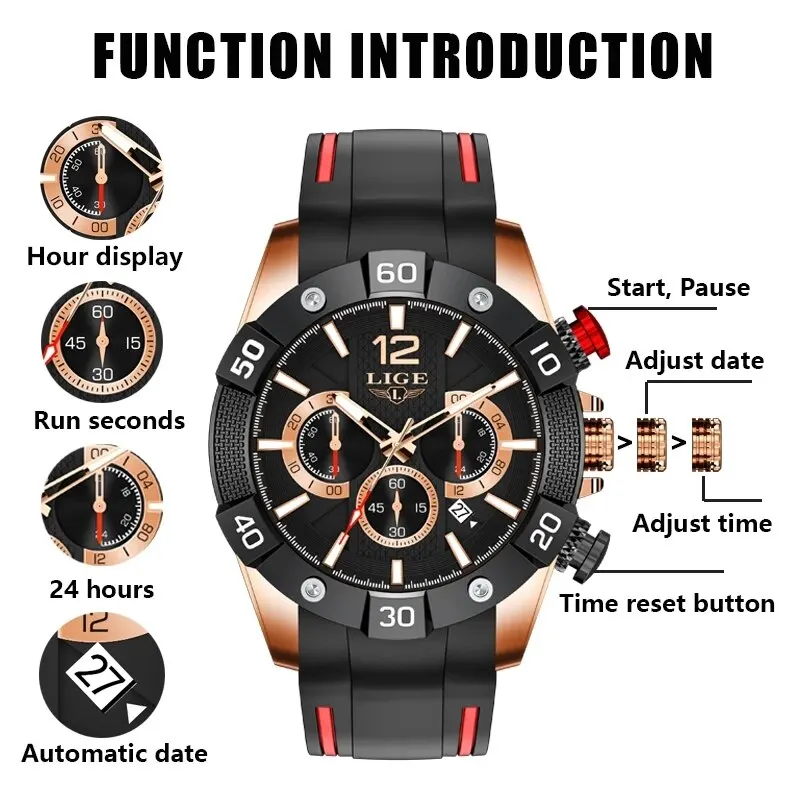 LIGE-Relógio de pulso militar de quartzo masculino, cronógrafo, data luminosa, relógio, relógios esportivos, caixa incluída