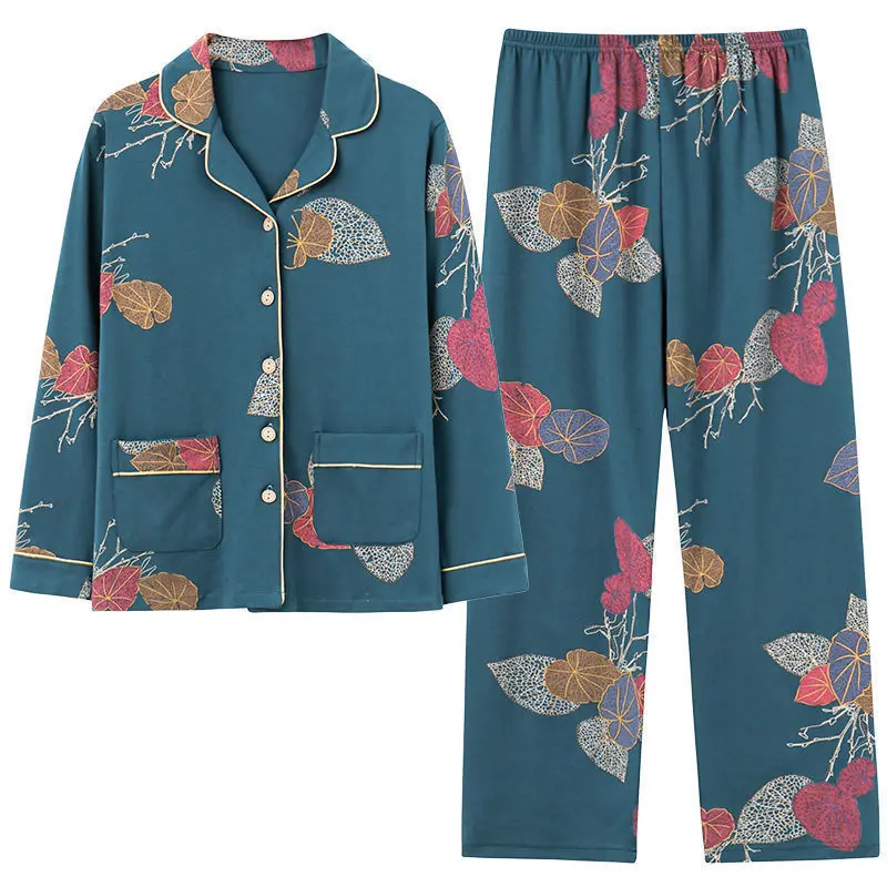 

Middle Aged Mother Cotton Pajamas Set Long Sleeve Sleepwear Women 2 Piece Set Outfit Plus Size Homewear Autumn Pijama Mujer