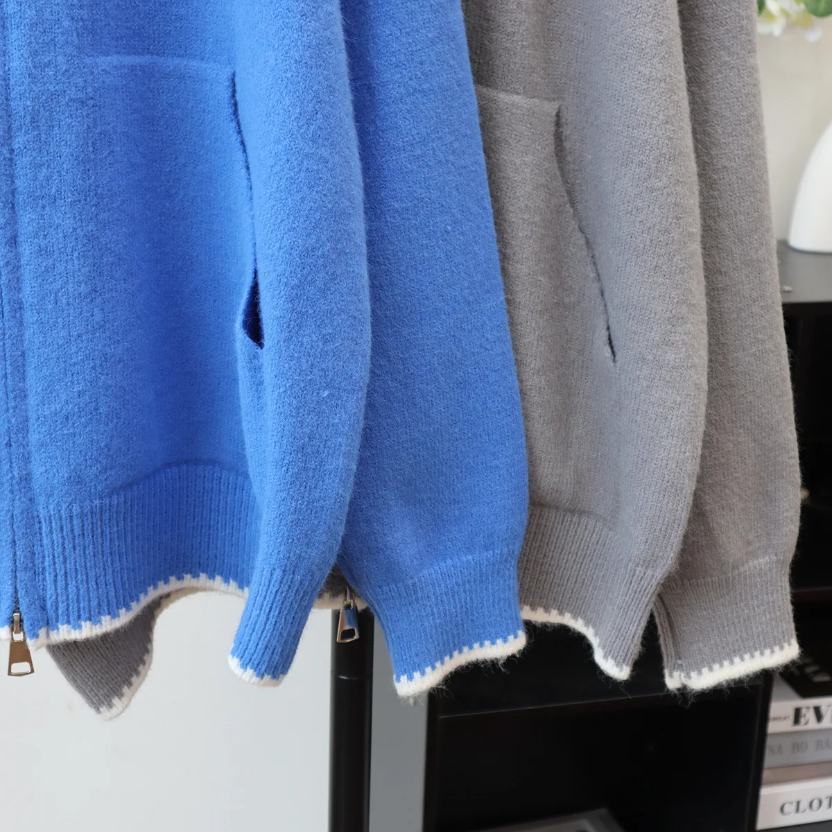 Elegante Frauen Doppel-reißverschluss Stricken Pullover Lange Hülse O-ansatz Lose Strickwaren Strickjacke Mantel Weibliche Warme Weiche Stricken Tops