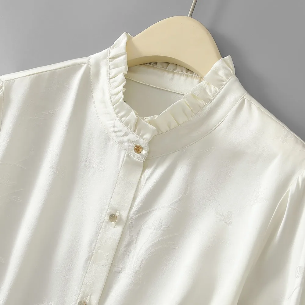30MM Heavy Satin 100% Natural Mulberry Silk Jacquard Satin French Fungus Edge Temperament Women's Stand Up Collar Shirt