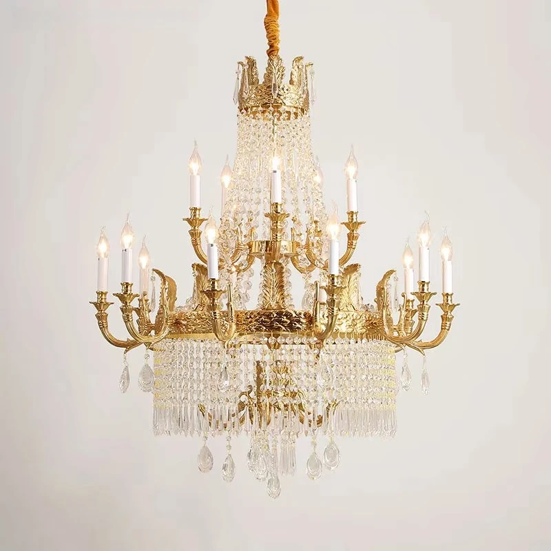 

European Rococo 20 Lights Luxury Crystal Home Decoration Hanging Pendant Light Hotel Spiral Brass Chandelier