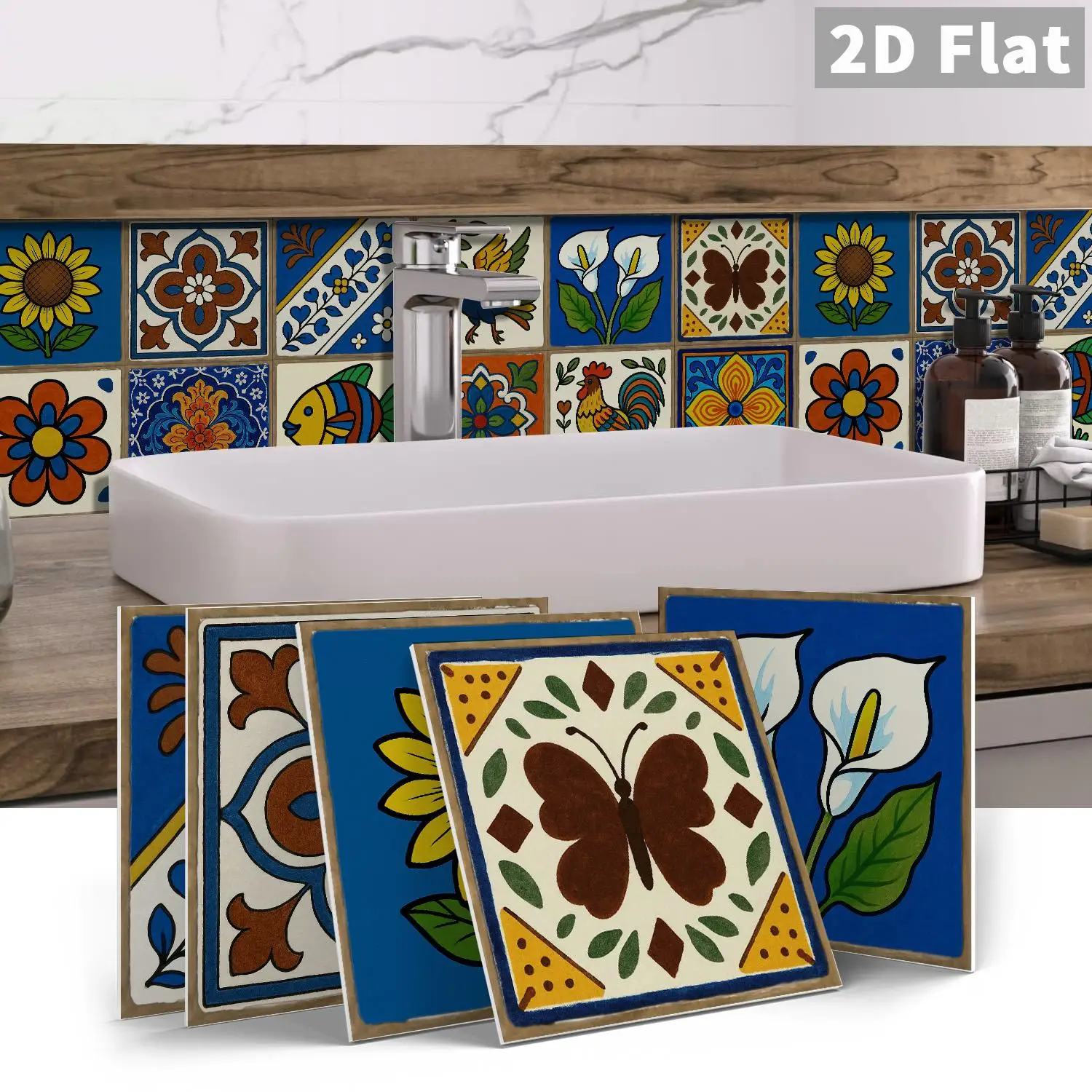 Vintage Mexican Floral Tile Sticker 15x15cm, Self‑adhesive Wall Decor for Kitchen Backsplash Bathroom Decoration