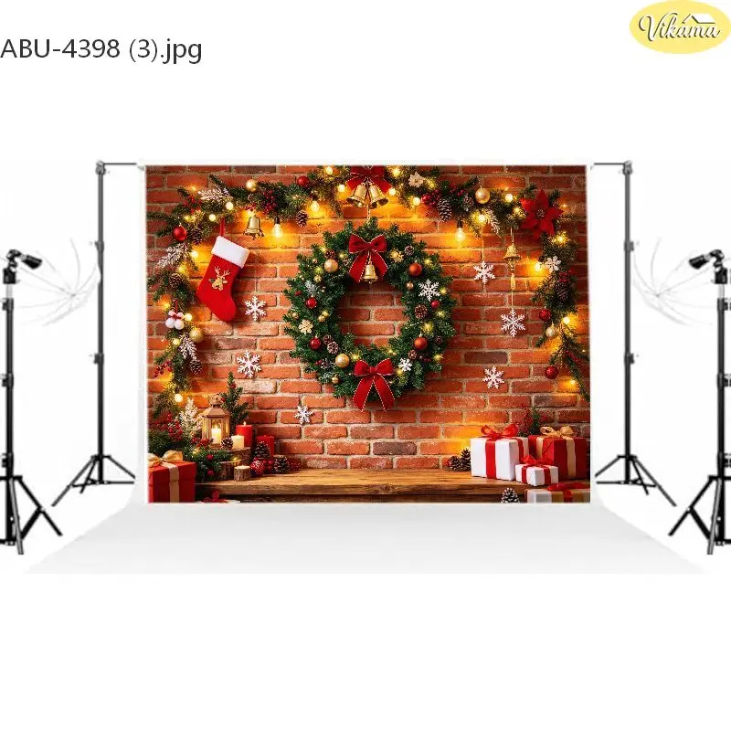 VIKAMA Red Ornaments Gold Trees Gifts Winter Photo Backdrop Banner for Xmas Party Studio Photography Booth Background Home Decor