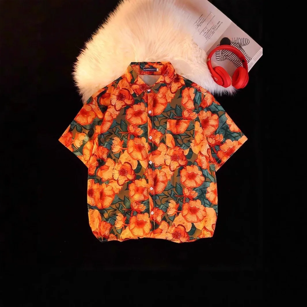 

Harajuku Luxury Novelty flower 3D Print Men Single Breasted shirt Casual Women Blouse Short Sleeve Summer Flip collar shirts