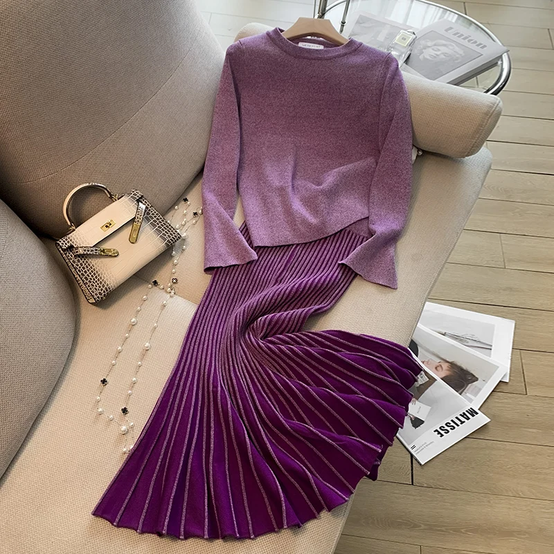 2022 Winter Knitted Elegant Suit O Neck Sweater Pullover Top And Stripe Pleated Midi Long Skirt Two Piece Sets Women Clothing