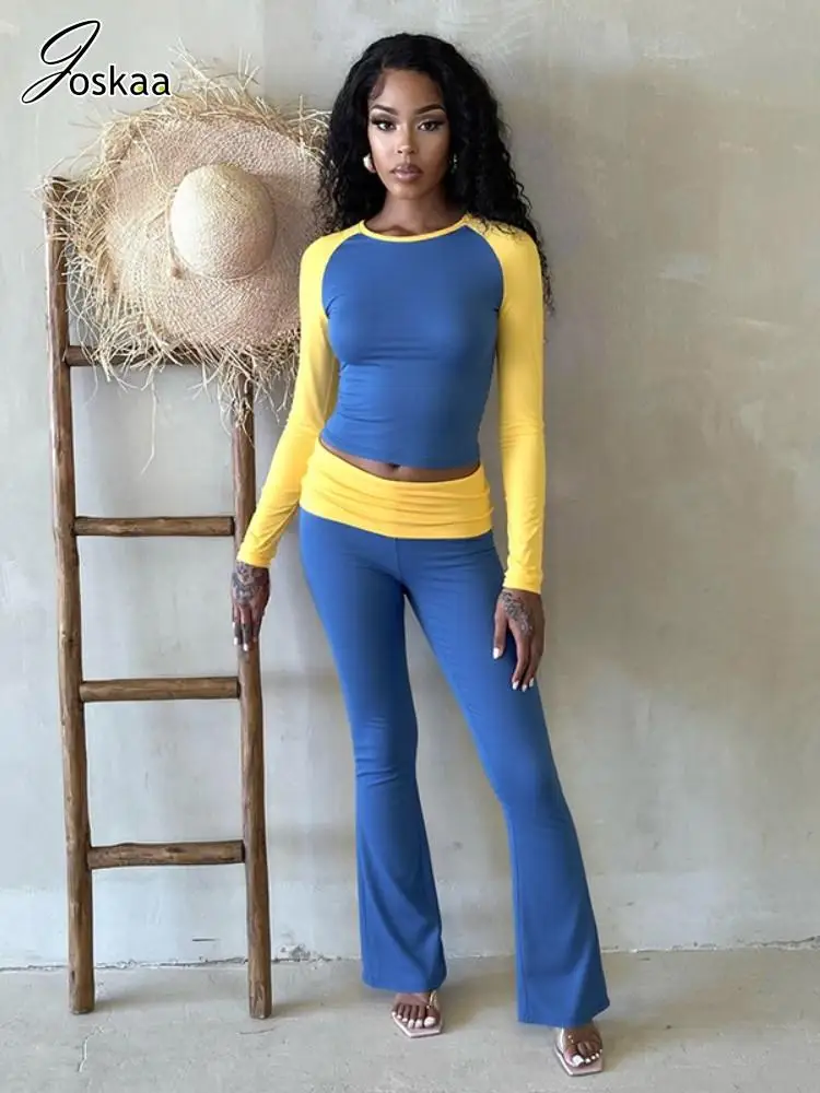 

Joskaa 2025 Women's Color Block Two Piece Sets Casual Sporty Long Sleeve Crop Tops + Flare Pants Matching Fitness Tracksuits