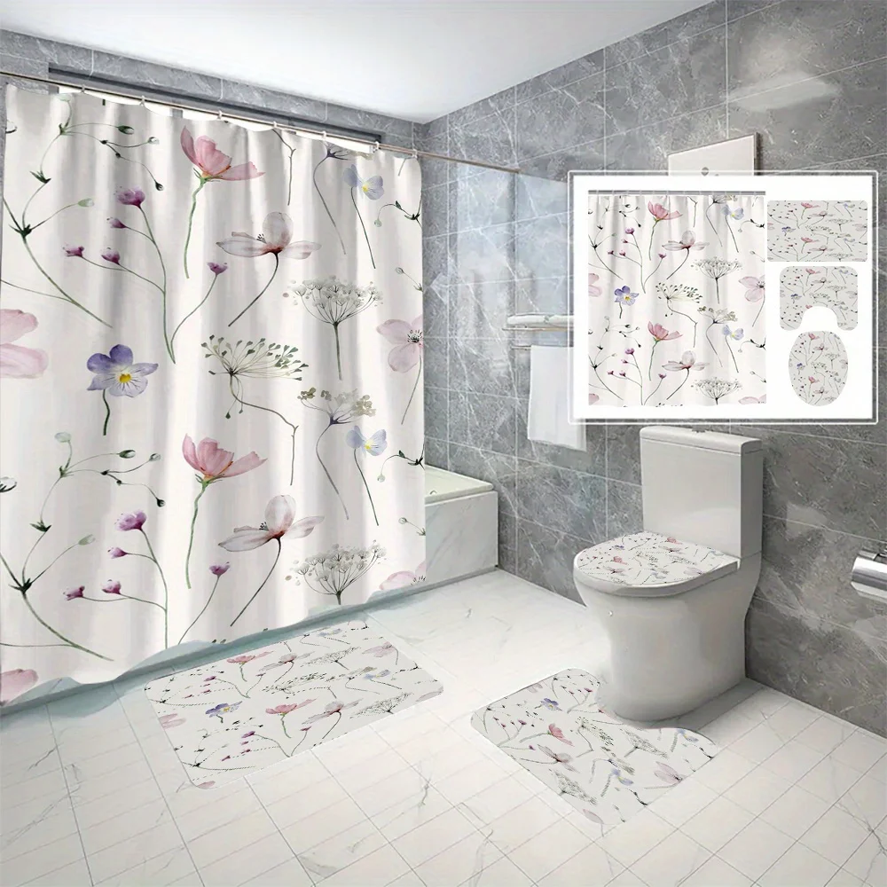 

Набор из 4 предметов: весенний розовый бутон, украшение для ванной комнаты, занавеска для душа из полиэфирной ткани, U-образный коврик, коврик для унитаза, нескользящий коврик