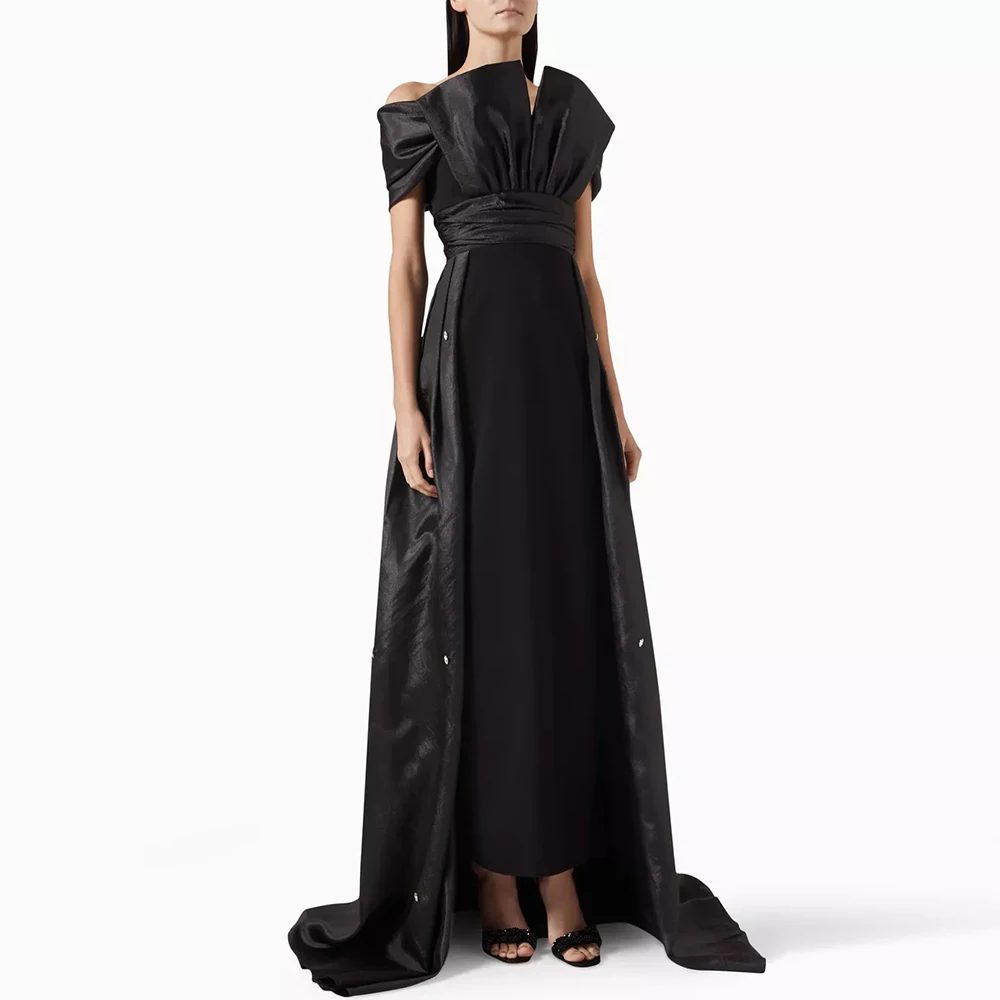 

Concert Costumes Elegant Black Satin Pleat Rhinestone Ruched Evening Dress Sheath Off-the-shoulder Long Dresses Formal Dress