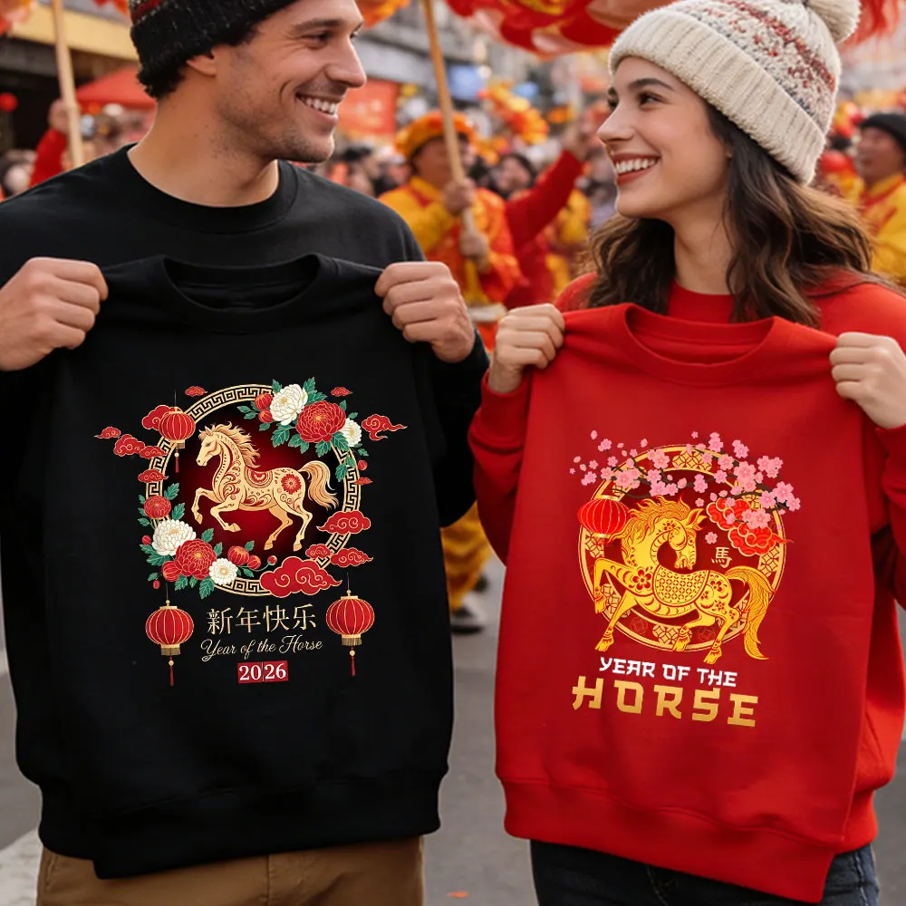 

Chinese New Year 2026 Horse Year Couple Sweatshirt NYE Party Matching Women Pullover Chinese Spring Festival Tops New Year Gift