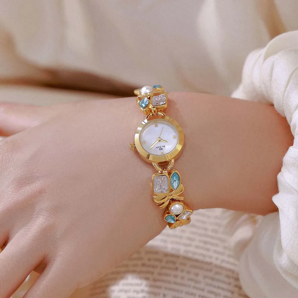 السيدات ووتش ضوء العلامة التجارية الفاخرة BS بيضاوي الشكل الجليد سحق الجليد الياقوت ساعات يد نساء موضة ساعة المعصم