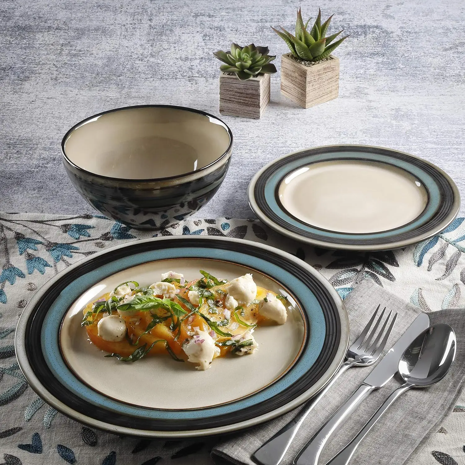 Reactive Glaze Dinnerware Set, Teal and Cream, Service for Four (12pcs)