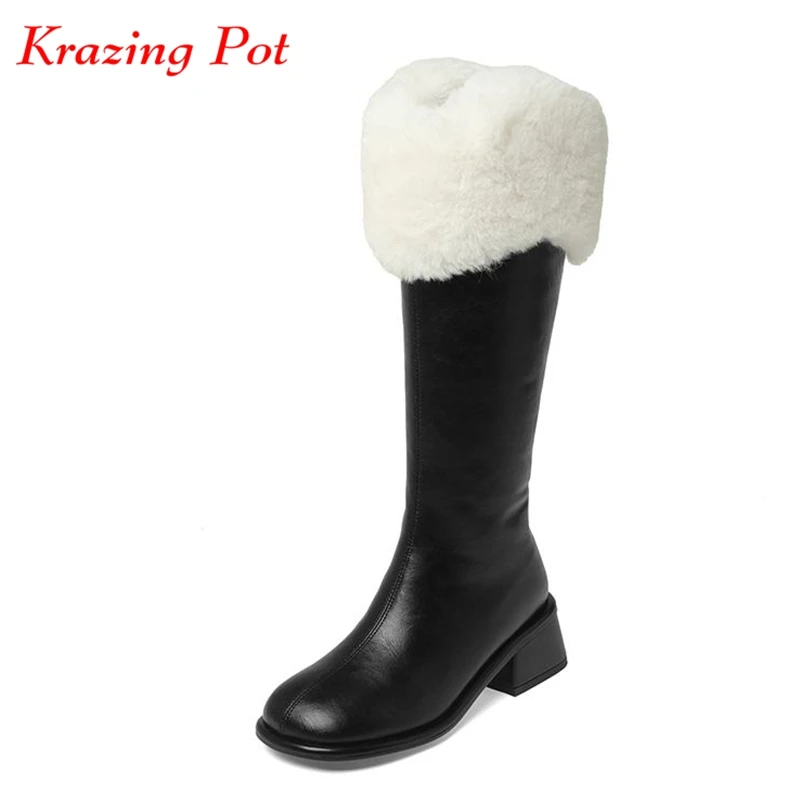 

Krazing Pot Cow Leather Fur Round Toe Winter Keep Warm Snow Boots Med Heels Preppy Style Vintage Zipper Elegant Thigh High Boots