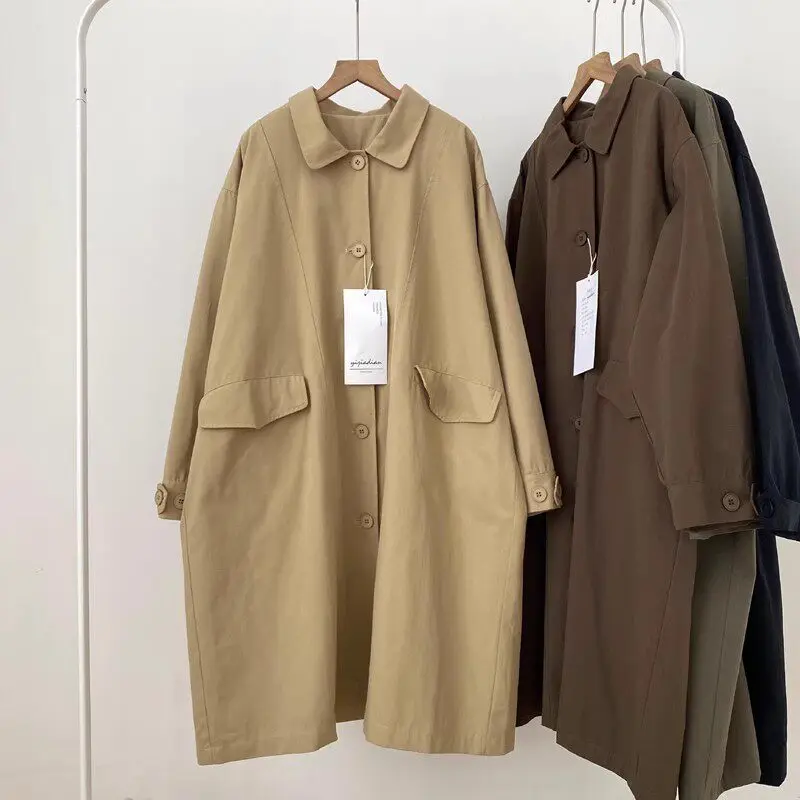 SuperAen Women's Spring and Autumn New Retro Simple Korean Style Polo Collar Long-sleeved Single Breasted Pocket Loose Long Coat