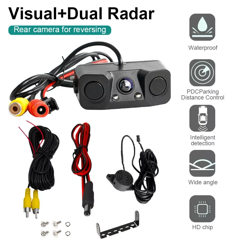 HD CCD Car Rear View Camera 3 in 1 Parking Radar Detector Sensor Night Vision LED