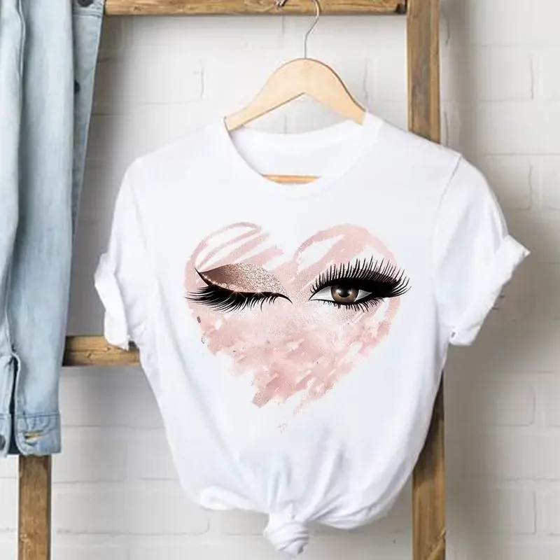 T Shirt Lady Love Heart Eye Lashes Odzież damska Top z krótkim rękawem Casual Fashion Graphic Clothing Fjavascript: damska koszulka na co dzień