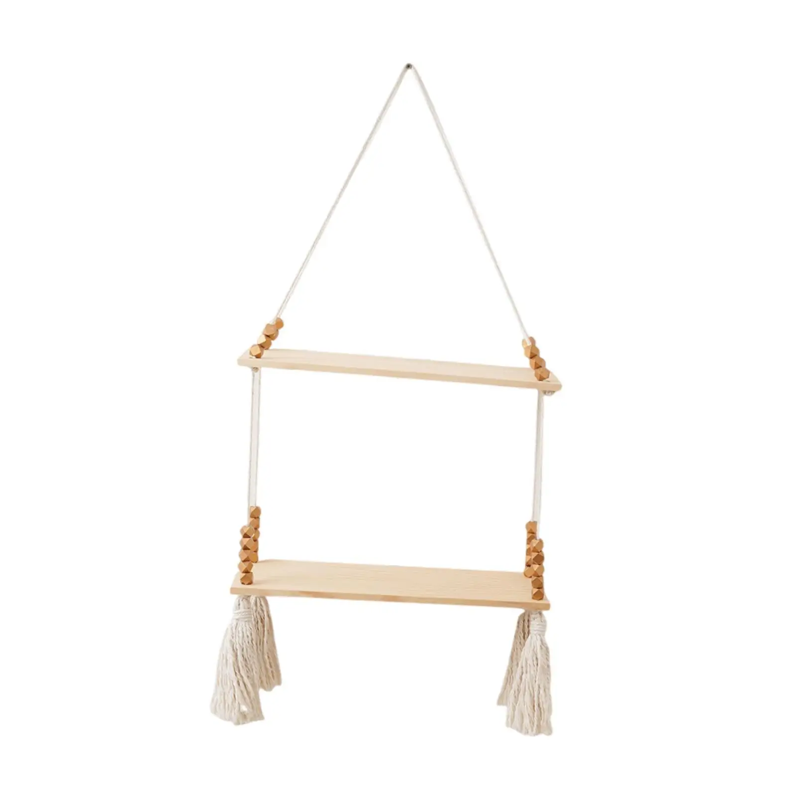 Boho Macrame Wall Hanging Shelf Wooden Display Shelf Easy to Install 2 Tiers Wall Decoration Floating Shelf for Bedroom Home