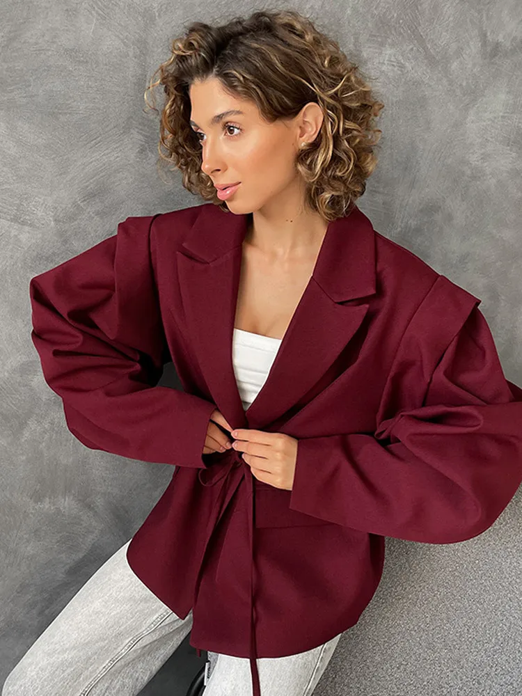 Retro Brown Belted Blazer Coats Women's Fashion Lapel One Button Oversized Jackets 2025 Autumn Office Commute Street Outerwears