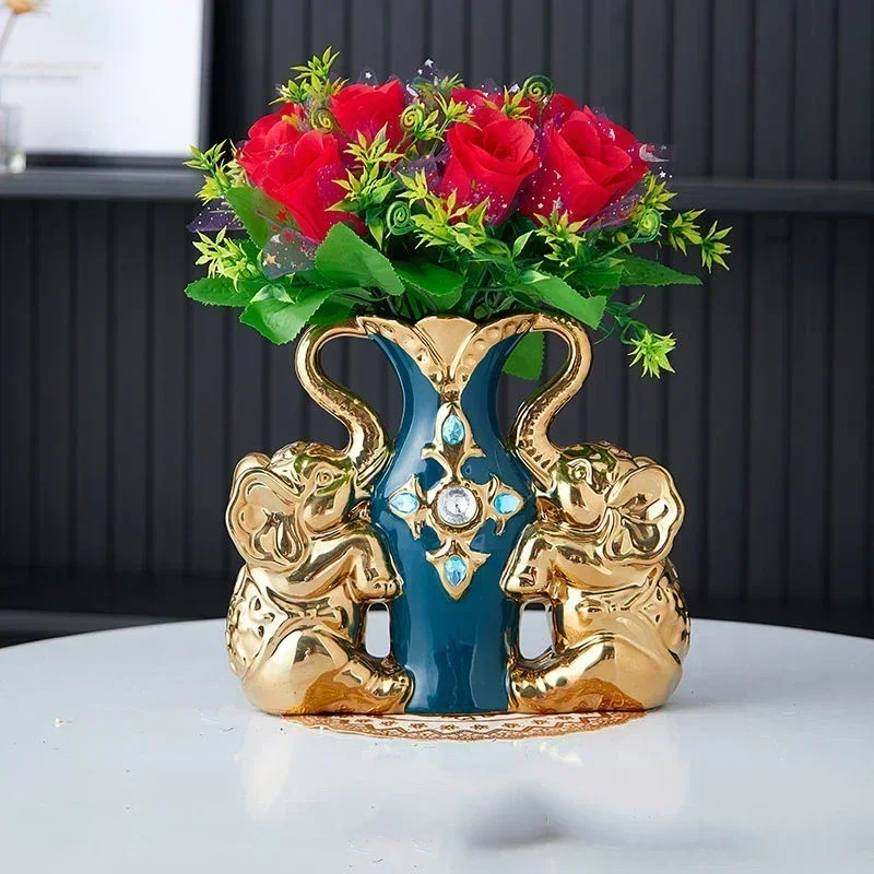 

Modern Double Elephant Swan Ceramic Vase Artificial Flower Set Store Club Furnishing Crafts Home Desktop Figurines Decoration