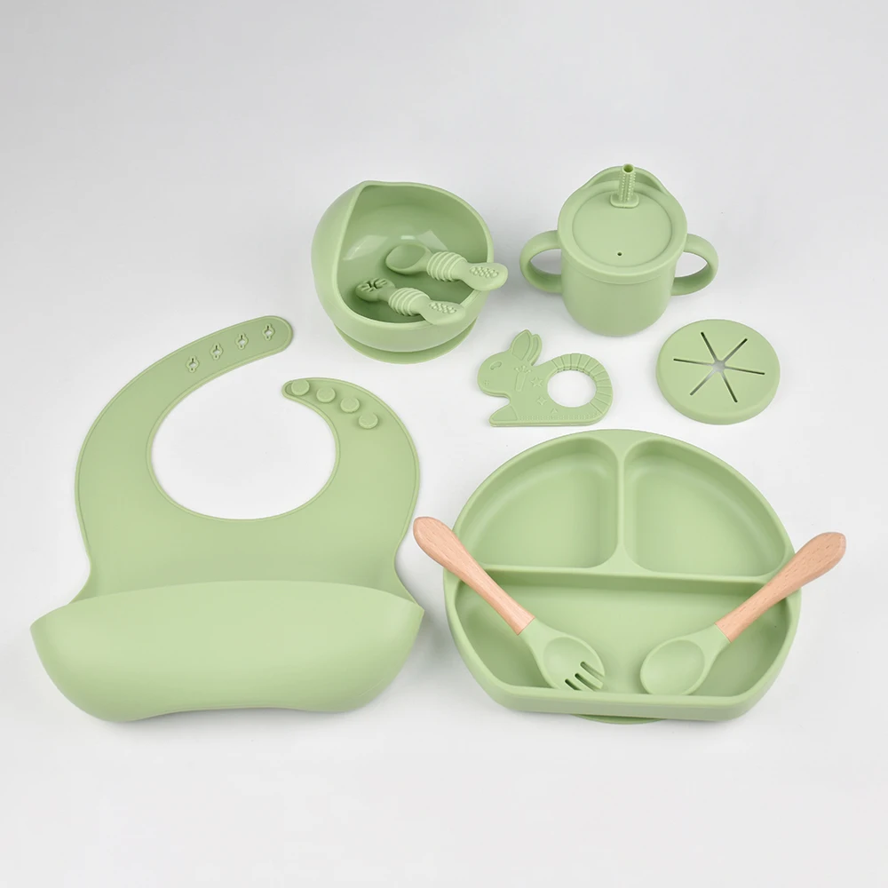 10cs/set silicone saction bowl plate spoon fork bibs teether cup set baby feeding tableware cute