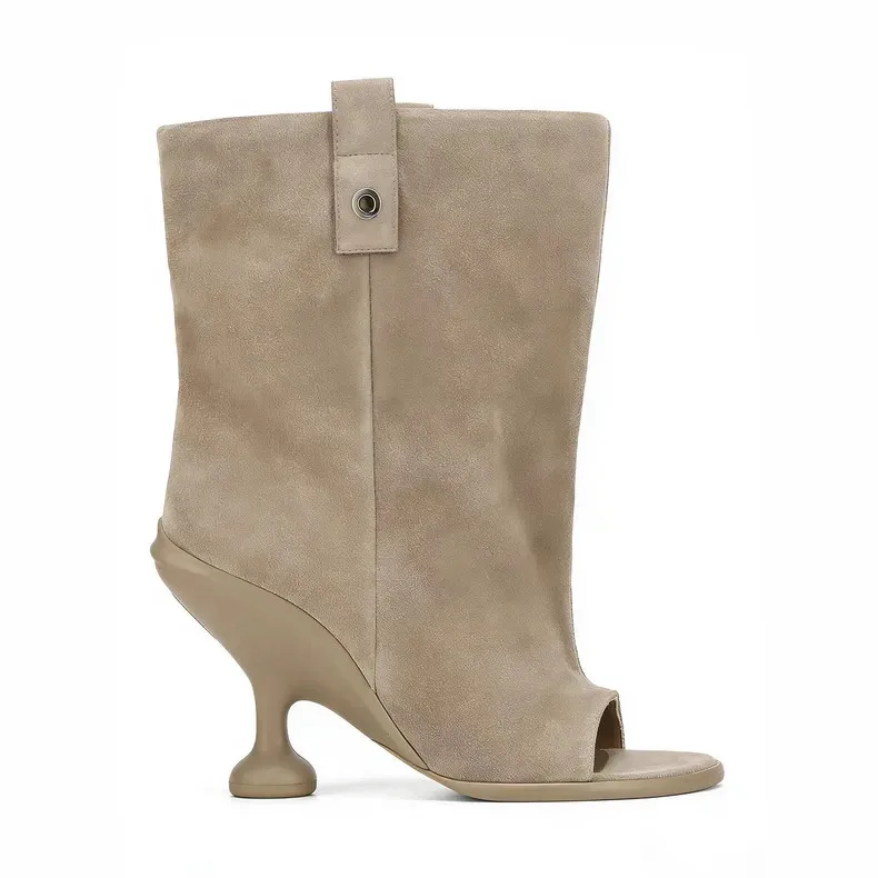 2026Spring and Summer New Wide Tube Round Toe Short Boots Fashionable Open Toed Fish Mouth Cool Boots 34-44 Large Ankle Boots