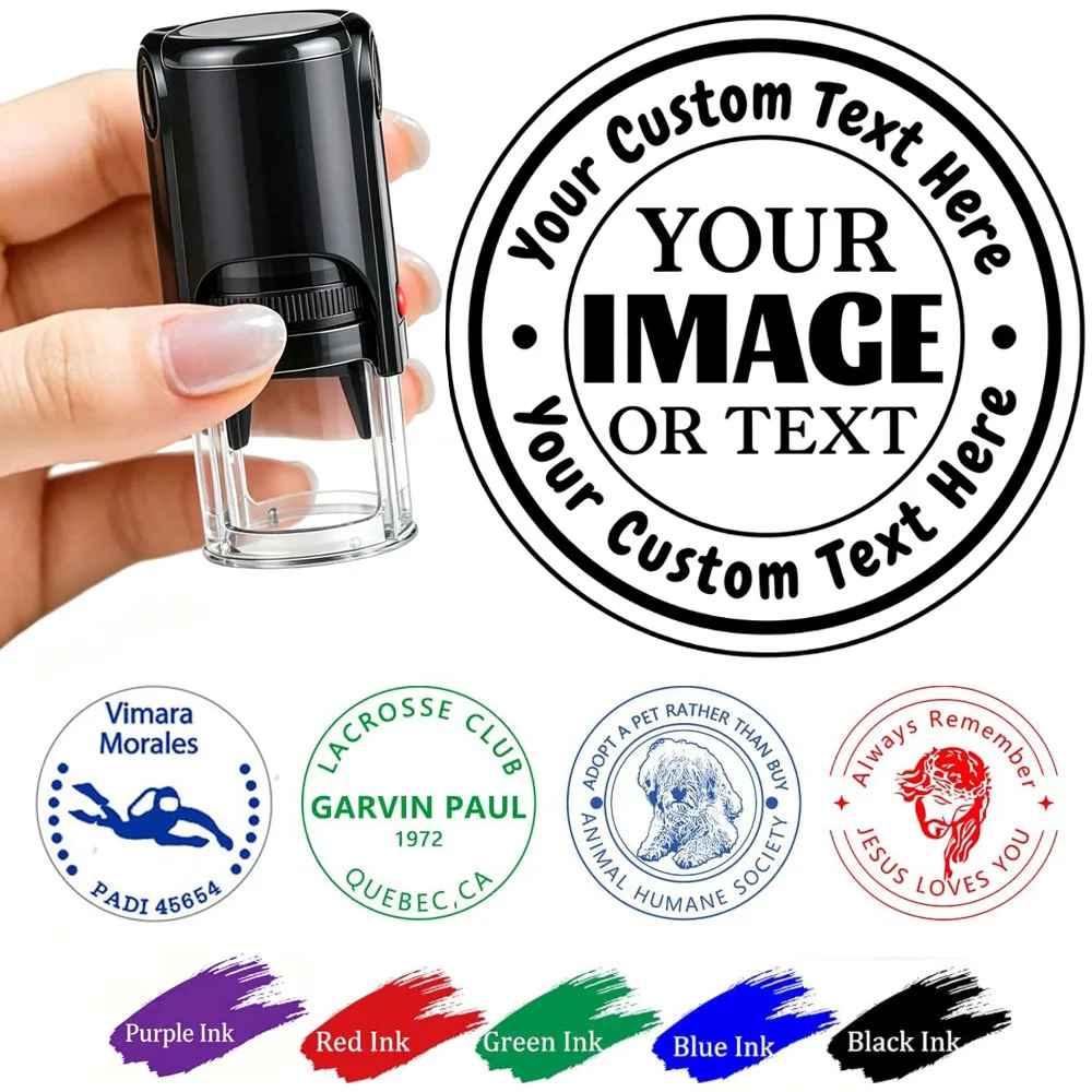 Runder Stempel mit individuellem Logo, personalisiertes Bild, selbstfärbender Stempel, individueller Firmenlogo-Textstempel – 4 Größen – 5 Farboptionen