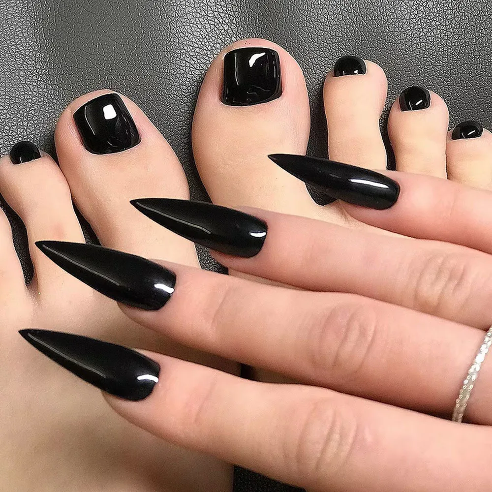120 قطعة/محاصر أسود لامع قصير اللوز ومربع للقدم واليد مسمار نصائح مختلطة 10 حجم أسود أظافر صناعية غطاء كامل أسود الأظافر وهمية #2