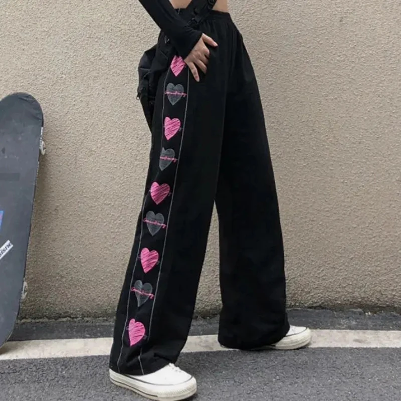 MEXZT Wide Leg Pants Women Korean Fashion Heart Print Trousers Summer Harajuku Streetwear Y2K Casual Baggy Sweatpants Cute Sweet