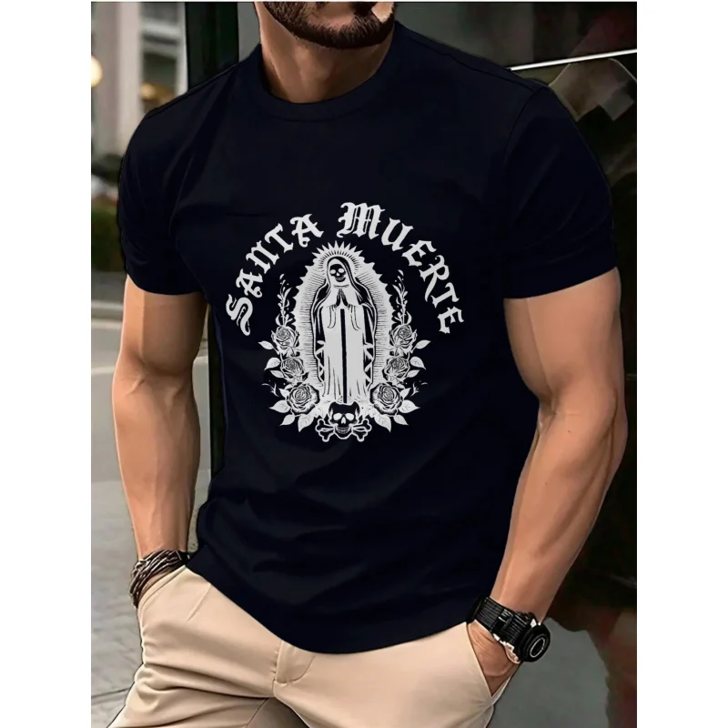 

Men's T-Shirt Black Santa Muerte Printed Pattern & Text High Quality Cotton 180g