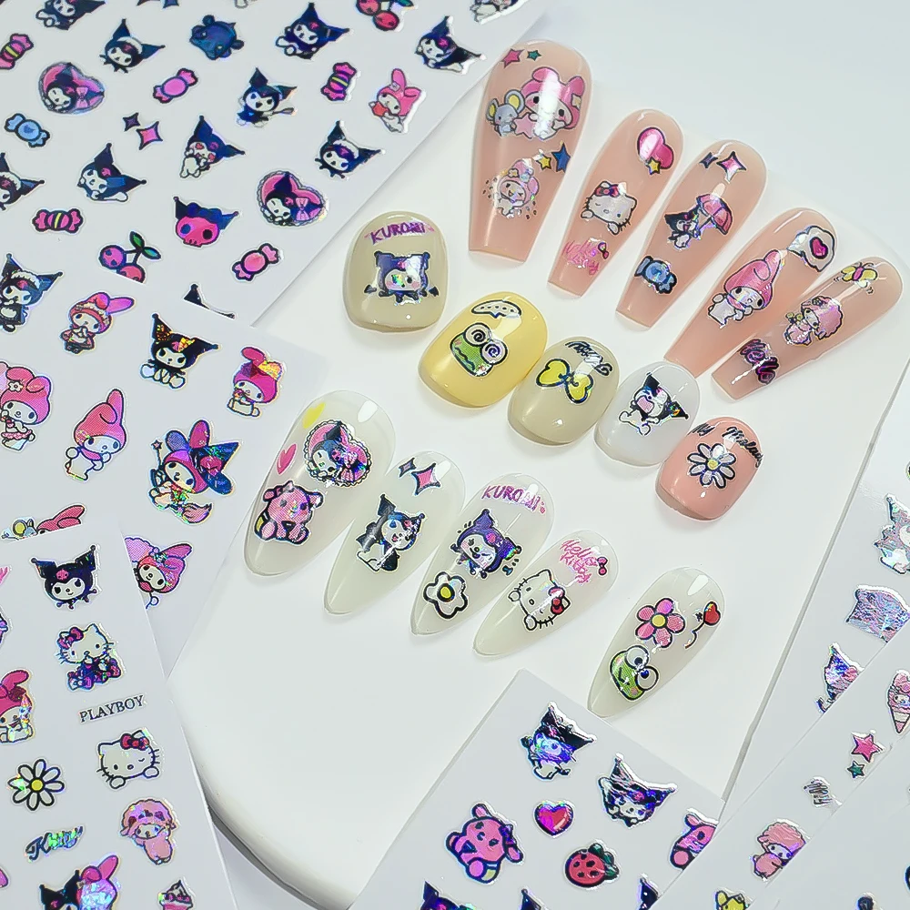 12 hojas de pegatinas 3D para uñas de pequeño diablo Kuromi para niñas, brillo láser Kawaii, calcomanía para uñas con melodía de Hellokitty, manicura de personajes de Anime