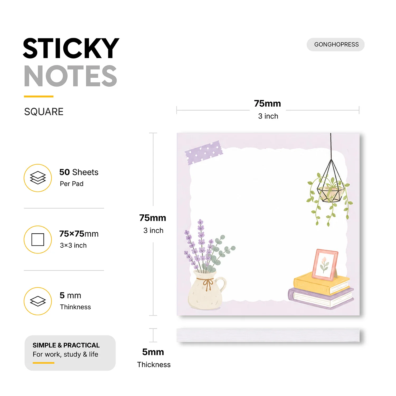2pcs Lavender Floral Sticky Notes, 100 Sheets Total, 3x3 Inch Self Stick Memo Pads, Cute Square Sticky Note Pads with Flower