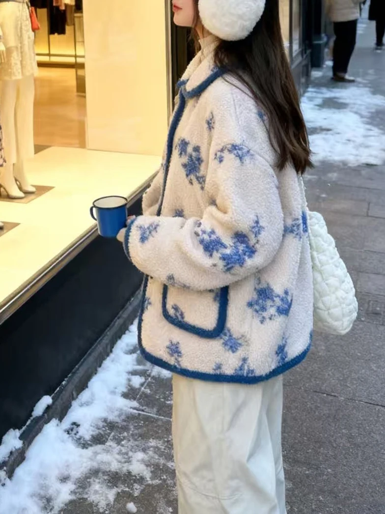 الكورية Sle المرأة ort ملابس خارجية معطف فرو الضأن الأزهار طباعة ثي الدافئة الخريف الشتاء رداء علوي غير رسمي إغلاق زر #3