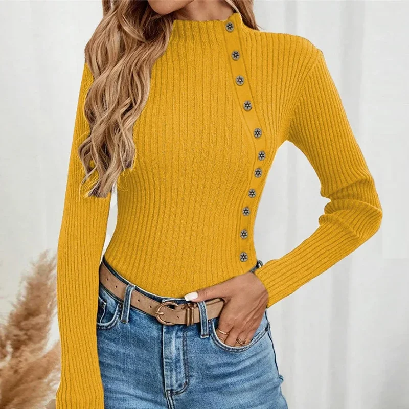 Autumn Winter Knitter Sweater Women Solid Color Pullover Button Blouses Long Sleeve Casual Sweaters For Women Shirt Slim Tops