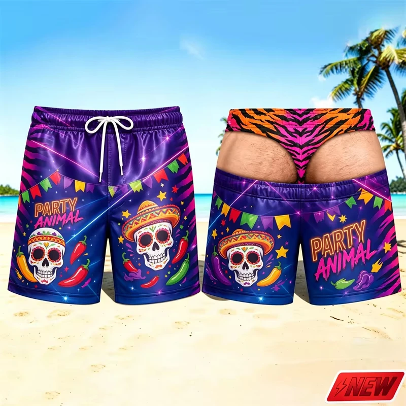 Men's Fun New Hip Printed Beach Pants Pool Party Beach Dress Party Gift Festival Event Shorts Large Loose
