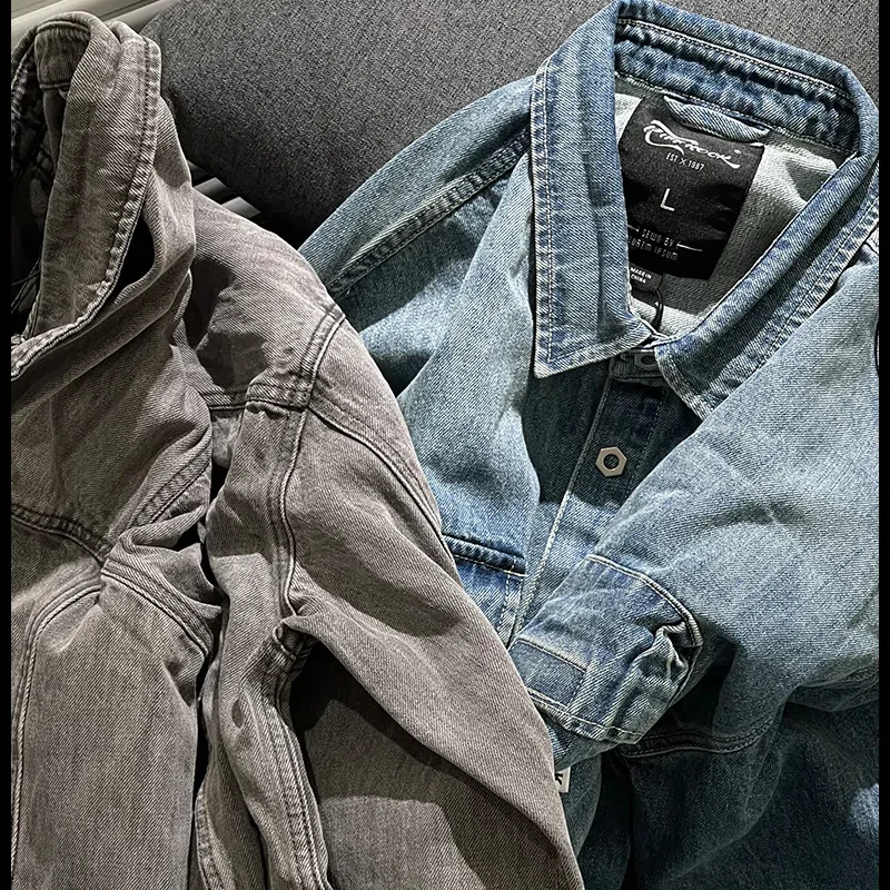 Spring and autumn new American vintage heavy wash vintage color pocket loose denim shirt coat shirt for men