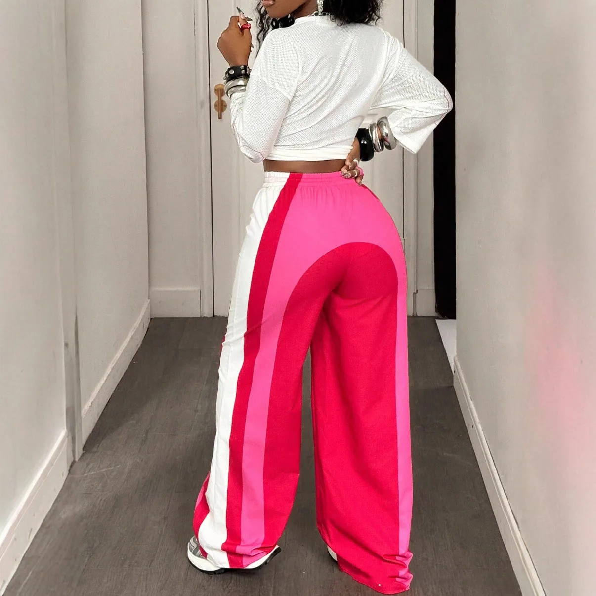 Women's Colorblock Wide Leg Track Pants Elastic Drawstring Waist Loose Fit Pants Spring Y2K Streetwear & Casual Sporty Outfit