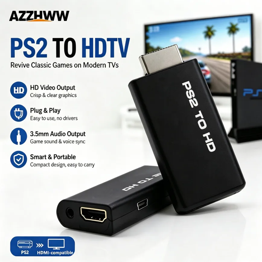 PS2 to HDMI-compatible Converter Adapter with 3.5mm Audio Output HD Converter for PlayStation 2 Plug & Play for HDTV/Monitor