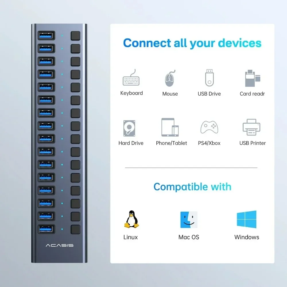 Imagem -04 - Acasis-alumínio Powered Hub Usb 10gbps Usb 3.1 16 Portas Splitter Hub para pc Laptop Macbook Pro Steam Deck Transferência de Dados Carregamento