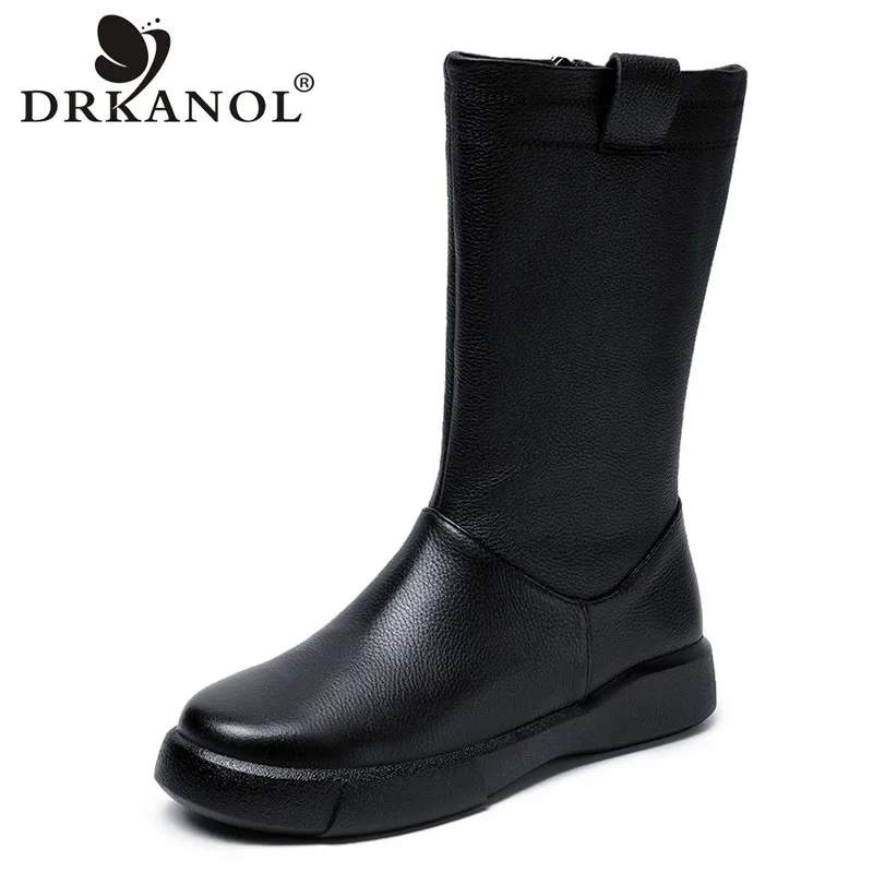 

DRKANOL 2025 Luxury Design Genuine Cow Leather Mid Calf Boots For Women Autumn Winter Plush Warm Round Toe Casual Flat Boots