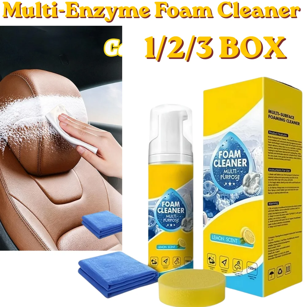 4-in-1 Multi-Enzyme Foam Cleaner with Towel & Sponge  No-Rinse Neutral Formula for Leather, Upholstery & Shoes Car Accessories