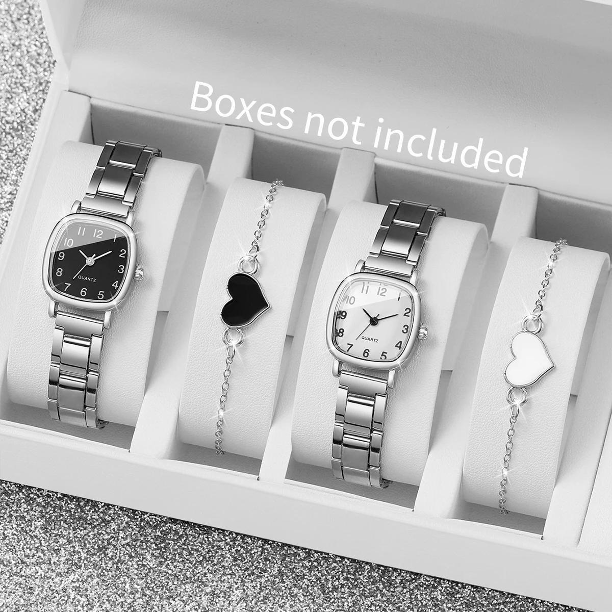 2/4PCS Fashion Square Arabic Dial Women Watches Ladies Alloy Strap Quartz Wristwatch With Heart Bracelet(Without Box)