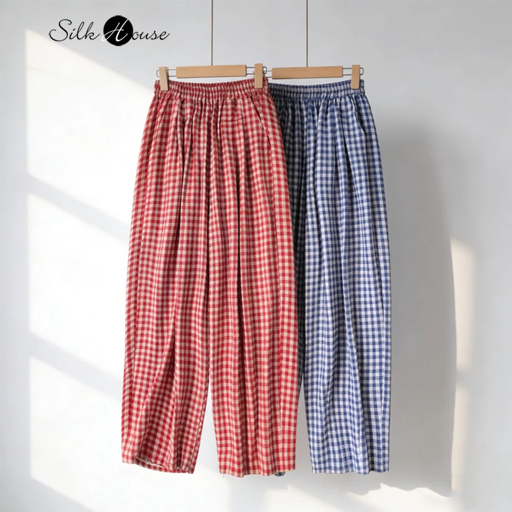 

Женские повседневные летние брюки-галифе 2026 года из 76% натурального шелка тутового шелкопряда с сухой шелковой текстурой, эластичным поясом и клетчатым принтом