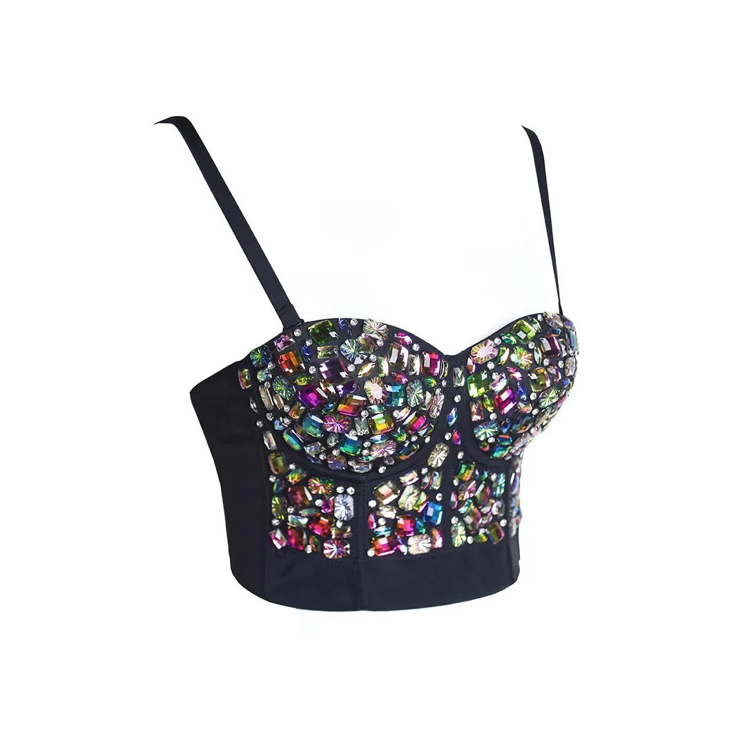 Acrylic Diamond Women's Stage Performance Costume Back Strap Bling Bead Crop Top Flashing Light Shiny Summer New Arrival